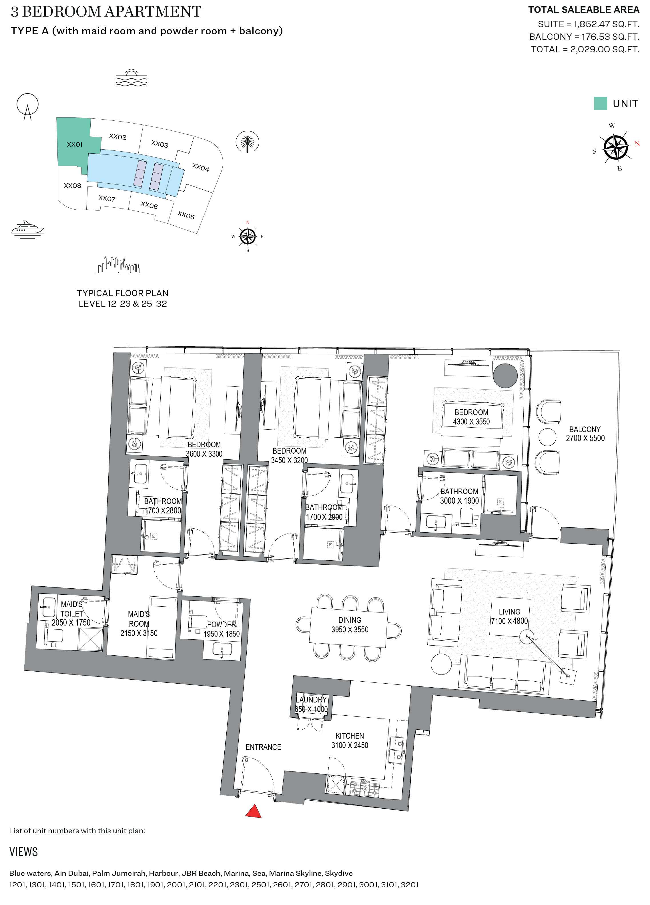 Type A, Level 12-23 & 25-32 - 3 BHK